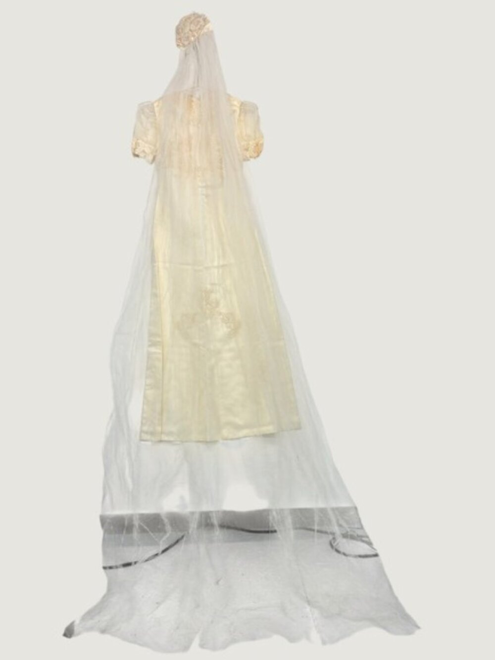 Vintage Womens Wedding Dress Set Small Cream Lace Satin Gown Veil Train Floral - Picture 3 of 16